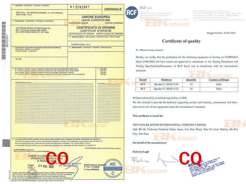 Chứng nhận Co, CQ loa RCF 4110