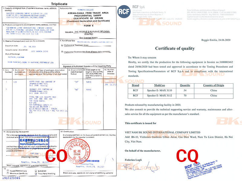 Chứng nhận Co, CQ loa RCF e max