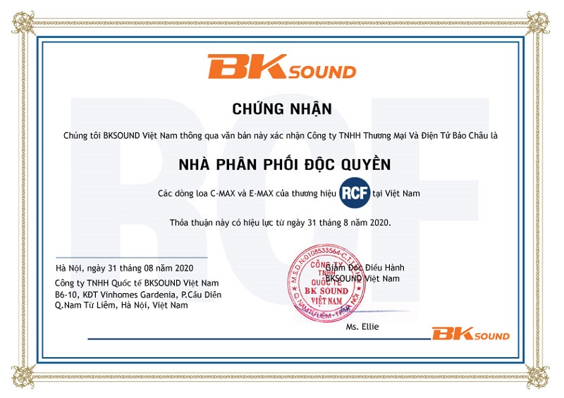 Giấy chứng nhận BKSound cho bảo châu elec